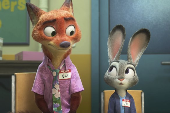Nick Wilde, voiced by Jason Bateman, left, and Judy Hopps, voiced by Ginnifer Goodwin, in a scene from Zootopia 2.