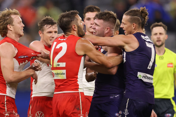 Tensions boil over between the Swans and the Dockers on Saturday night.