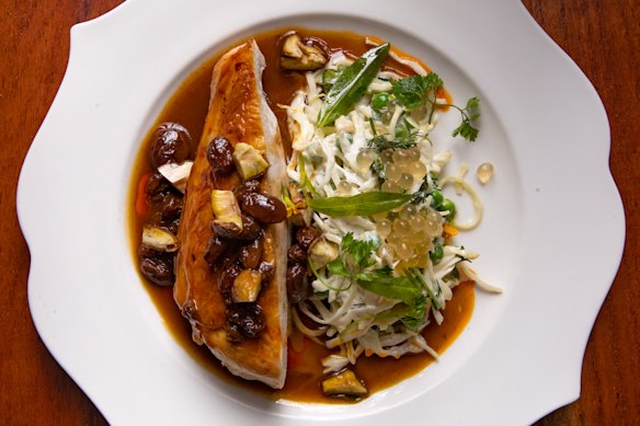 Juicy, crisp-skinned chicken breast.