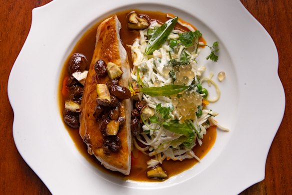 Juicy, crisp-skinned chicken breast.