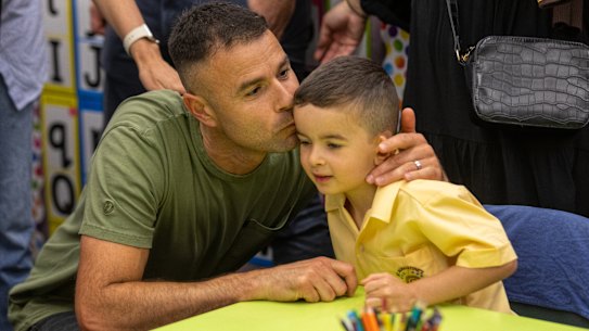 Prep students at their first day of school at St Augustine’s Primary in Keilor.
