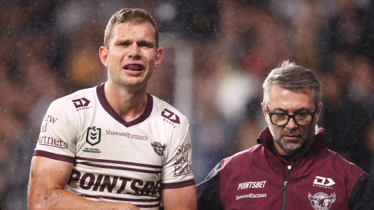 Tom Trbojevic leaves the field with a shoulder injury.