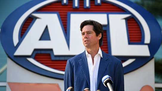 AFL Chief Executive Gillon McLachlan speaks to the media during a press conference in Melbourne, Monday, June 29, 2020. McLachlan has announced several changes to the round five fixture as a result of changes to the Queensland Government quarantine requirements to Victorian based AFL teams entering the state. (AAP Image/James Ross) NO ARCHIVING