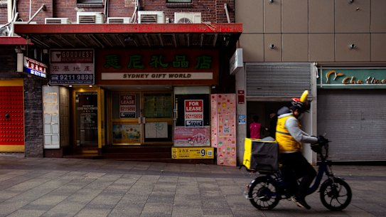 Shops for lease in Chinatown during a the latest COVID-19 lockdown.