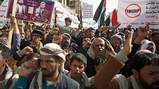 Yemeni Shiite Houthis protest against US President Donald Trump in Sanaa, Yemen, last month. 