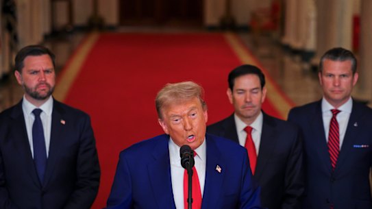 Trump, accompanied by Vice President JD Vance, Secretary of State Marco Rubio, and Defence Secretary Pete Hegseth speaks from the White House in Washington on Sunday AEST.