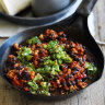 Chilli black beans with jalapeno salsa.