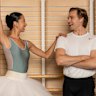 Australian Ballet dancers Joseph Romancewicz and Belle Urwin in a rehearsal room at the Sydney Opera House. Telstra Let’s Dance provides rare opportunities for country kids to learn directly from The Australian Ballets talented artists and go behind the scenes of life as a professional ballet dancer, an opportunity rarely given to kids in regional areas. Sydney. April 24, 2025. Photo: Louise Kennerley