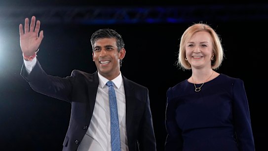 Rishi Sunak and Liz Truss on stage after a Conservative leadership election hustings at Wembley Arena in London.