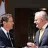 Israeli President Isaac Herzog meets Prime Minister Anthony Albanese at Parliament House in Canberra on Wednesday.