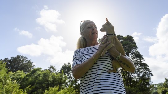 Lilyfield dog owner Karen Shaw with Elsa at Whites Creek Valley Park, where an off-leash ban has raised the ire of residents.