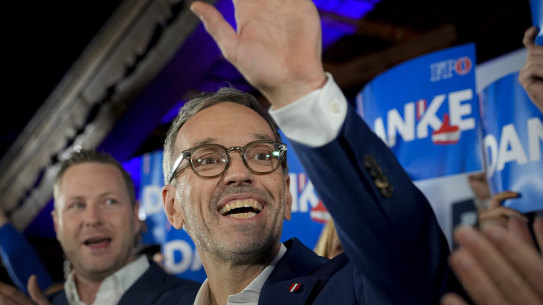 Herbert Kickl, leader of the Freedom Party of Austria waves to supporters, in Vienna. He said he’ll start coalition negotiations straight away.