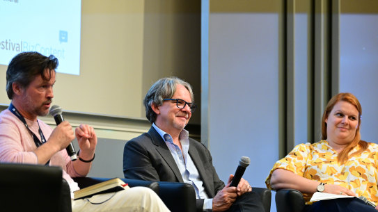 American television producer Frank Spotnitz (centre) on a panel at the 62nd annual Monte-Carlo Television Festival with Norwegian academic Leif Holst Jensen (left) and moderator Mathilde Fiquet (right).