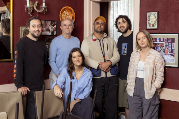 From left: Dan Puskas from Sixpenny, Corner 75’s outgoing owner Paul Varga, incoming chef Carley Scheidegger, Jean-Paul El Tom and Alex Kelly of Baba’s Place, and new restaurant manager Alice Tremayne.