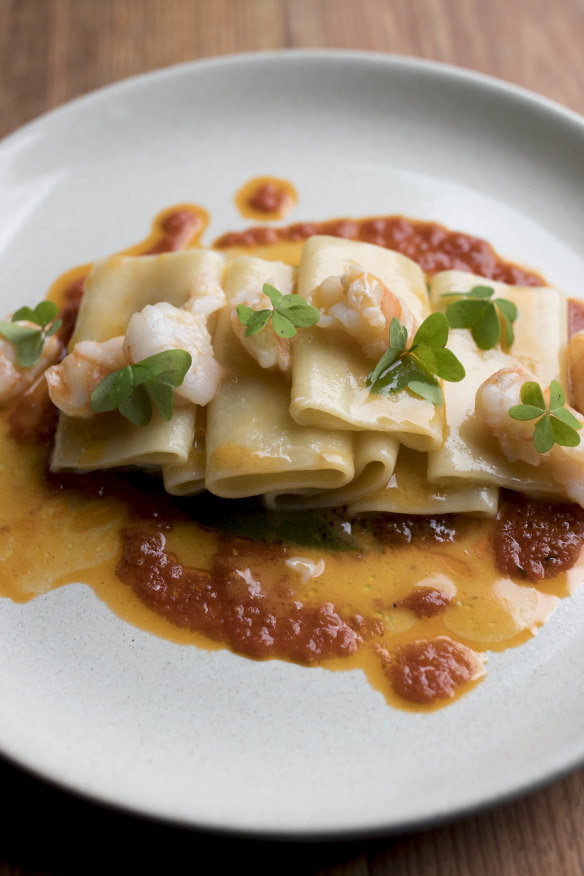 Paccheri pasta with prawns.