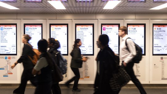 Commuters at Strathfield train station during industrial action.