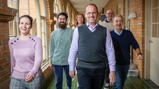 Vice chancellor Peter Sherlock (front) with students and alumni of the University of Divinity (from left) Sarah Cook, Andrew Hateley-Browne, Carolyn Alsen, Adam Couchman and Stephen Reid.