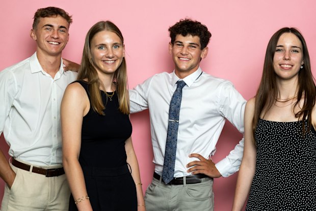 Flynn McCowan, from Norfolk Island Central School (second from right), came first in the Automotive exam in 2023. Fellow First in Course stars are (from left) Charlie Mooney, Cronulla High School, Construction; Jessica Mulcahy, Queenwood, Science Extension; and Ella Ward, Calrossy Anglican School, Primary Industries.