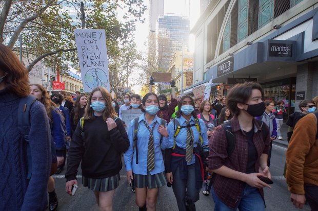 School strikers rallied in Melbourne in May 2021 for climate action.