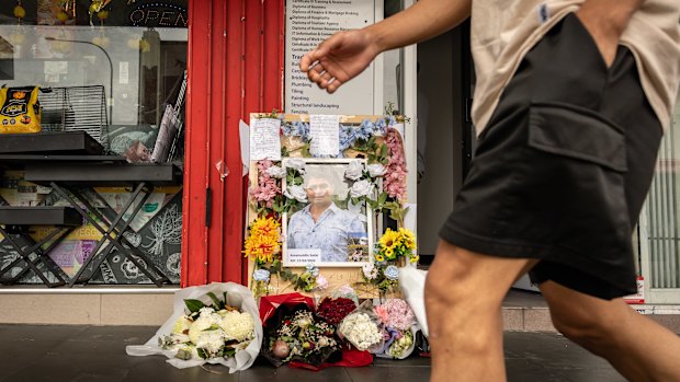 A memorial to stabbing victim Amamuddin Sadar near Binas’s Mini Mart, Merrylands.