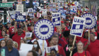 United Auto Workers members march through downtown Detroit, Friday, Sept. 15, 2023. The UAW is conducting a strike against Ford, Stellantis and General Motors. (AP Photo/Paul Sancya)