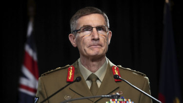 ADF Chief Angus Campbell at the release of the Inspector-General's report, which recommended he refer 36 matters to the Australian Federal Police for criminal investigation.
