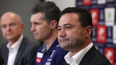 Fremantle president Dale Alcock announces new coach Justin Longmuir and football manager Peter Bell.