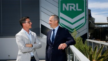 Swyftx chief executive Ryan Parsons with NRL boss Andrew Abdo at the announcement of the landmark cryptocurrency sponsorship.