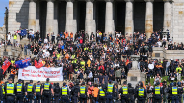 ‘Freedom’ protesters at the Shrine of Remembrance in Melbourne on September 22, 2021.