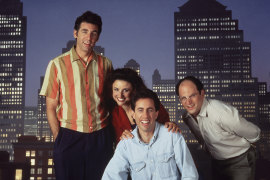 Michael Richards with his Seinfeld cast mates Julia Louis-Dreyfus, Jerry Seinfeld, and Jason Alexander.