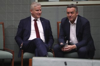 Nationals MPs Michael McCormack and Darren Chester during debate in the House of Representatives.