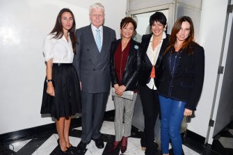 Katherine Keating, left, with Ghislaine Maxwell, second from right, in Jeffrey Epstein’s New York house in 2013 at the launch of a series of video interviews conducted by Ms Keating. They are pictured with then president of Iceland Ólafur Ragnar Grímsson, his wife Dorrit Moussaieff, 
 and daughter Sharon Moussaieff.