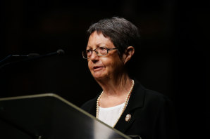 Judith Mundey wife of the deceased Jack Mundey pays tribute to her husband during the State Memorial Service at Sydney Town Hall,