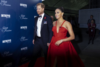 Prince Harry and Meghan arrive at the Intrepid Sea, Air & Space Museum for the Salute to Freedom Gala, last week.
