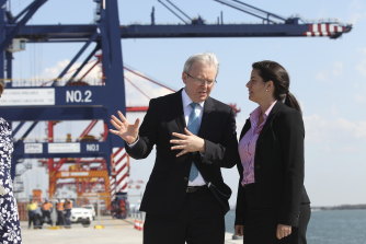 Then-prime minister Kevin Rudd at the Port of Brisbane with Labor’s 2013 candidate for Bonner, Laura Fraser Hardy, announcing plans to move naval bases to Brisbane.