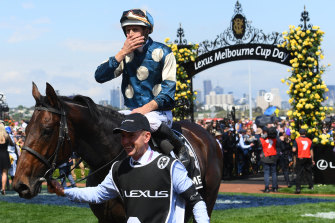 Jockey Hugh Bowman with Marmelo at the 2018 Melbourne Cup. 