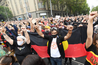 Invasion Day protesters in Melbourne on January 26, 2021.