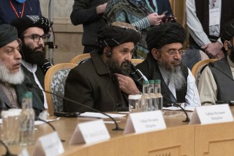 Taliban co-founder Mullah Abdul Ghani Baradar, centre, with other members of a Taliban delegation attend an international peace conference in Moscow, Russia, in March.