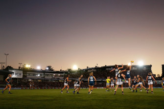 Collingwood v Carlton hit out during the first AFLW game in 2017 at Ikon Park, a sight that brought Jennifer Holdstock to tears.