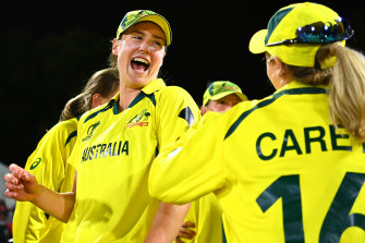 Ellyse Perry celebrates victory in the World Cup final in Christchurch.
