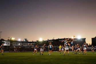 Collingwood v Carlton hit out during the first AFLW game in 2017 at Ikon Park.