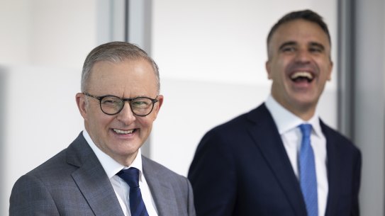 Prime Minister Anthony Albanese, left, and South Australian Premier Peter Malinauskas, pictured in 2023, will attend a rally in Adelaide on Sunday. 
