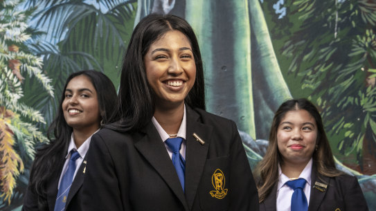 Penrith High students Milvia Mathew (school captain), Anitha Pillai (head prefect) and Cassidy Lauguico (SRC president).