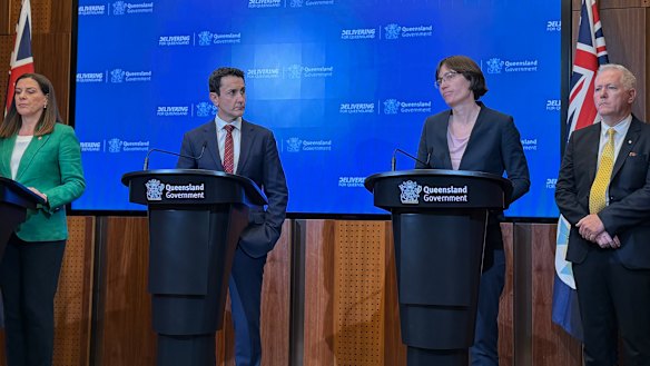 Attorney-General Deb Frecklington, Premier David Crisafulli, Dr Kirsty Wright and former NSW police commissioner Mick Fuller at the announcement of a report into Forensic Testing Queensland.