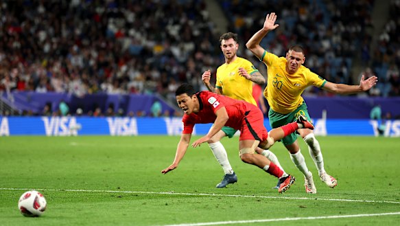 Hwang Hee-chan is brought down by Lewis Miller. Son Heung-min scored the winner from the resulting free-kick.