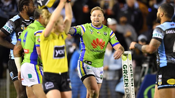 Raiders half Blake Austin protests to the touch judge in Friday night's game.