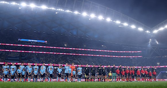 Sydney FC line up against the touring Wrexham AFC at a packed Allianz Stadium last week.