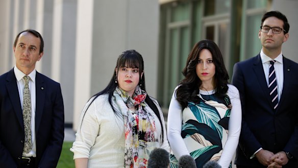 Liberal MP Dave Sharma, left, and Labor MP Josh Burns have backed alleged child sex abuse victims Dassi Erlich, second from left, and Nicole Meyer in their call for former Melbourne school principal Malka Leifer to face justice.