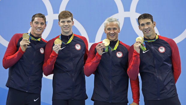 Conor Dwyer (left) alongside 4x200m relay teammates Townley Haas, Ryan Lochte and Michael Phelps in 2016.