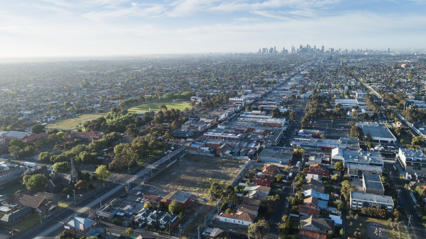 An aerial view of 541 Sydney Road, the site of a former factory where Development Victoria has plans for a 12-storey apartment tower.
